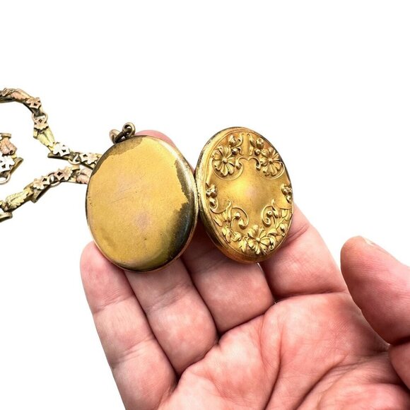 Antique Victorian Womens Necklace Gold Filled Tri Color Book Chain Locket 1800s - Picture 5 of 11
